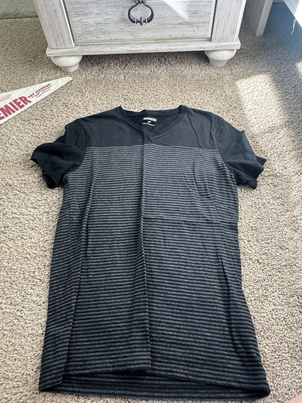 Express Black and Charcoal Striped V-Neck Tee